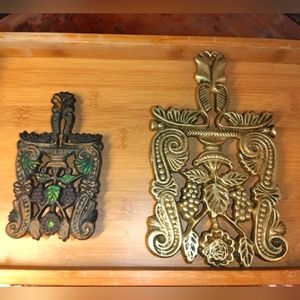 2 Vintage Trivets large brass & smaller cast iron hot plate matching home decor